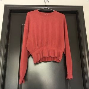 Zara long sleeve top- ribbed terry cloth, brick red ruffle cinched waist